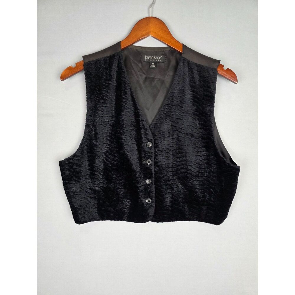 Vintage 80s Karen Kane Black Fuzzy Vest Women's Medium Made in USA Whimisical